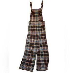 Cider Plaid Wide-Leg Overall Jumpsuit in Brown and Blue Tweed Size M